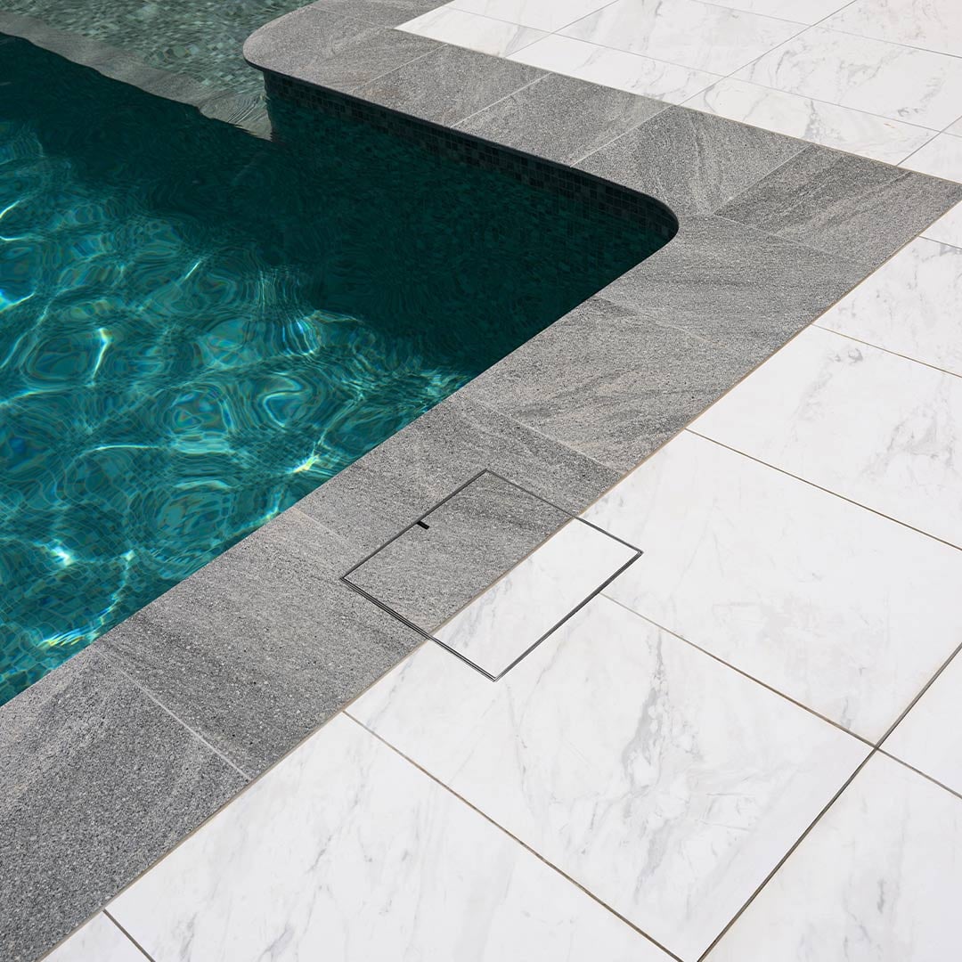 HIDE stainless steel Skimmer Lid with grey and white dual tile inlay.