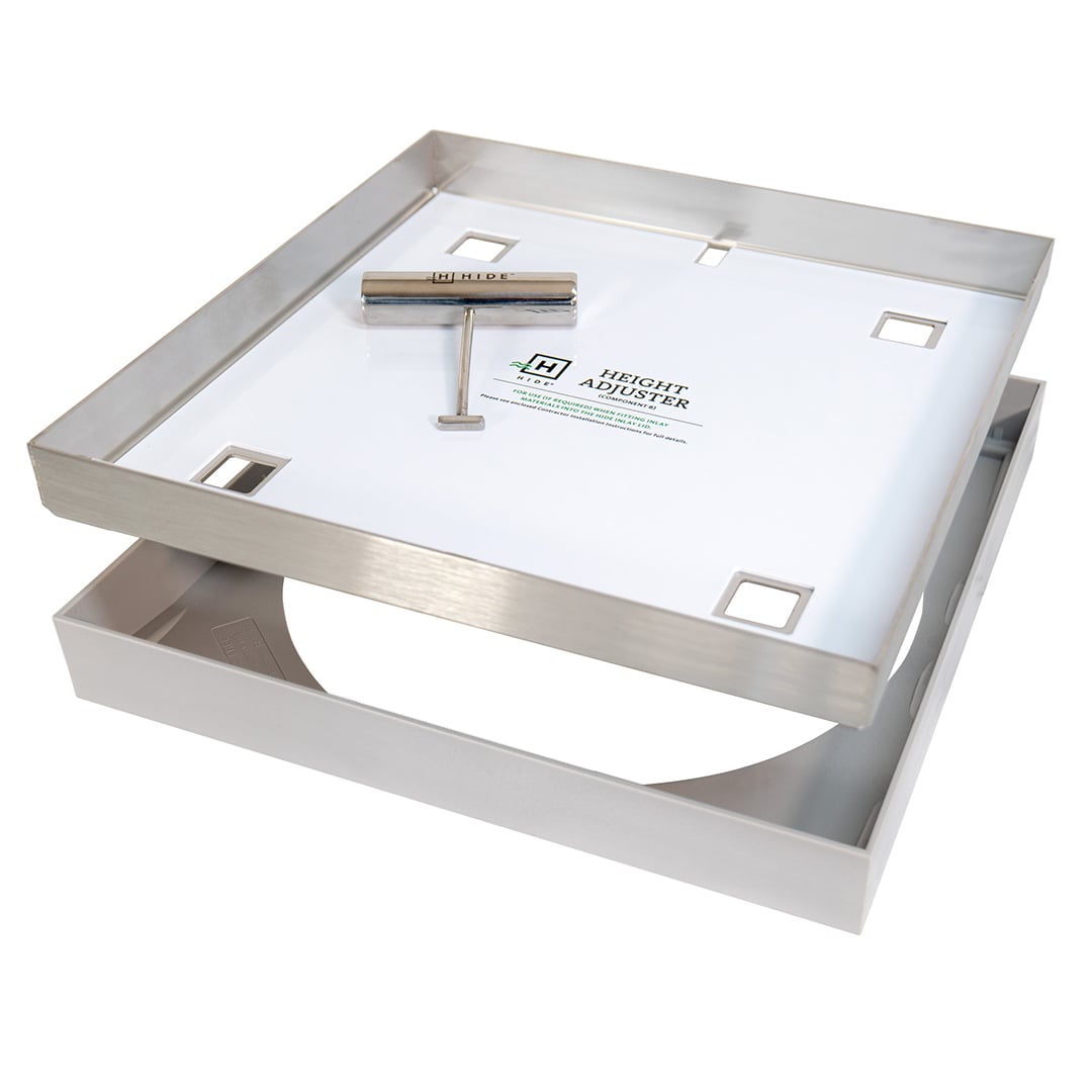 HIDE Ash Combination Polymer Skimmer Lid hardware. Non conductive polymer recess frame, durable stainless steel lid with height adjuster and HIDE safety lifting key.