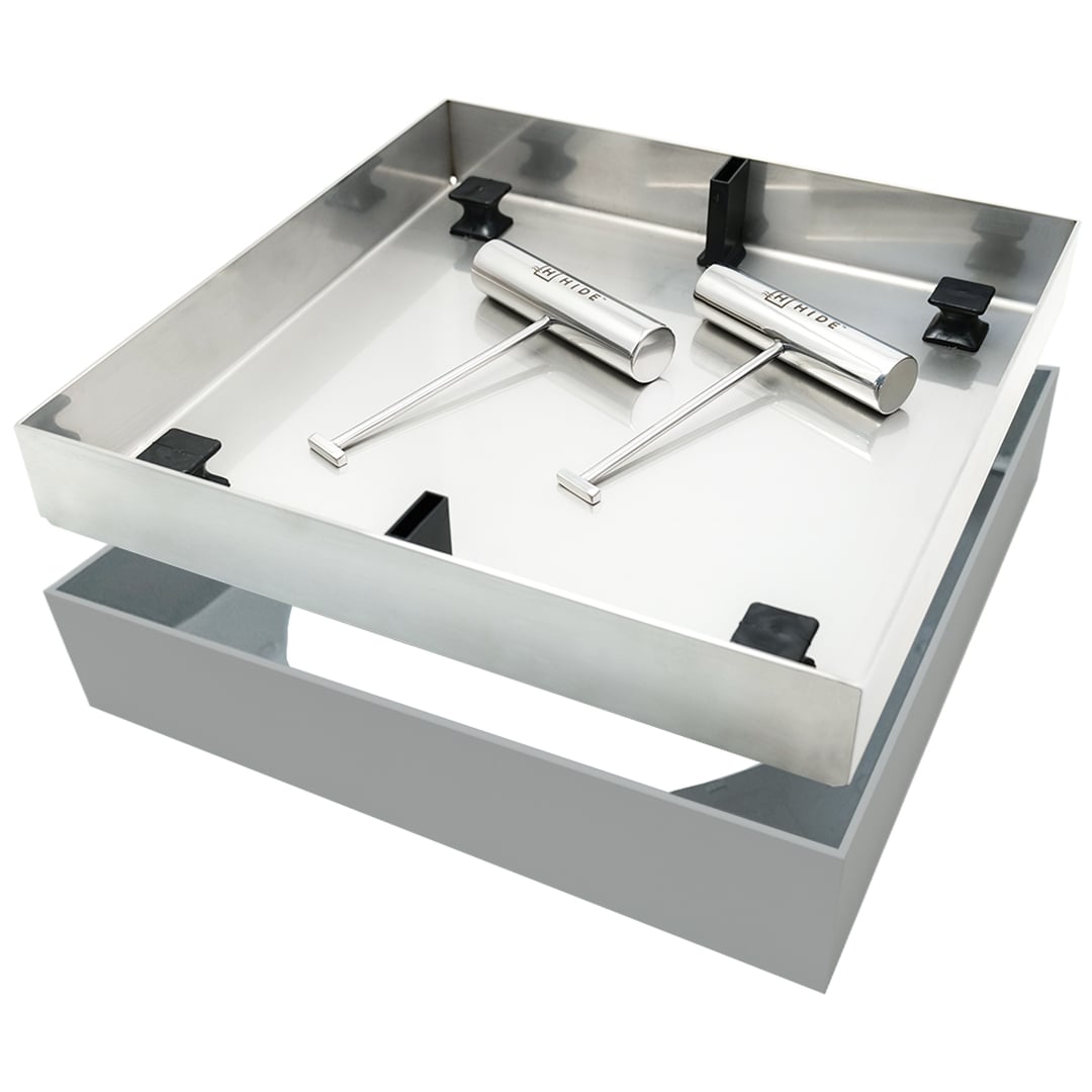 HIDE Ash Concrete Combination Polymer Skimmer Lid hardware. Non conductive polymer recess frame, durable stainless steel lid, concrete lugs installed and HIDE safety lifting keys.
