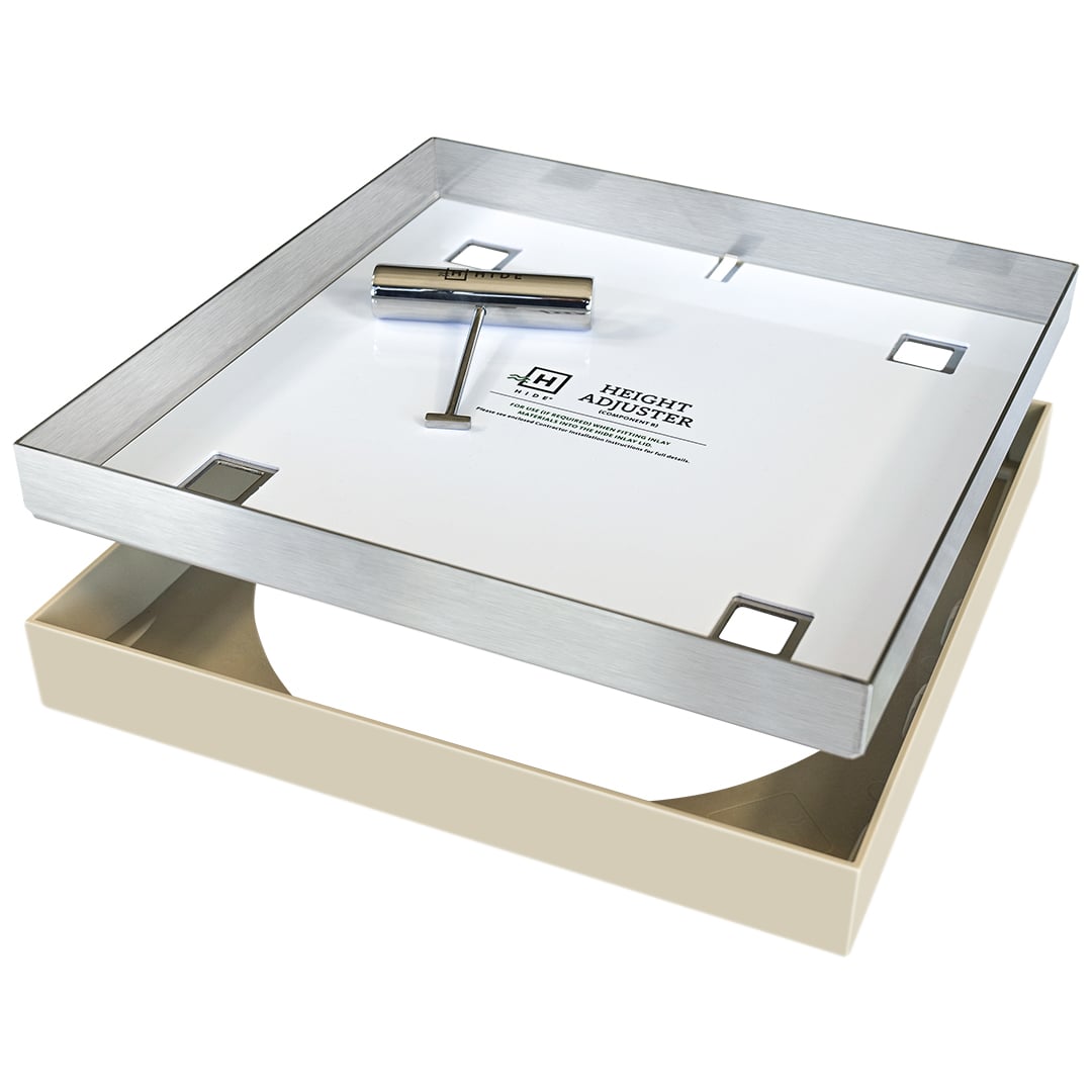HIDE Bone Combination Polymer Skimmer Lid hardware. Non conductive polymer recess frame, durable stainless steel lid with height adjuster and HIDE safety lifting key.