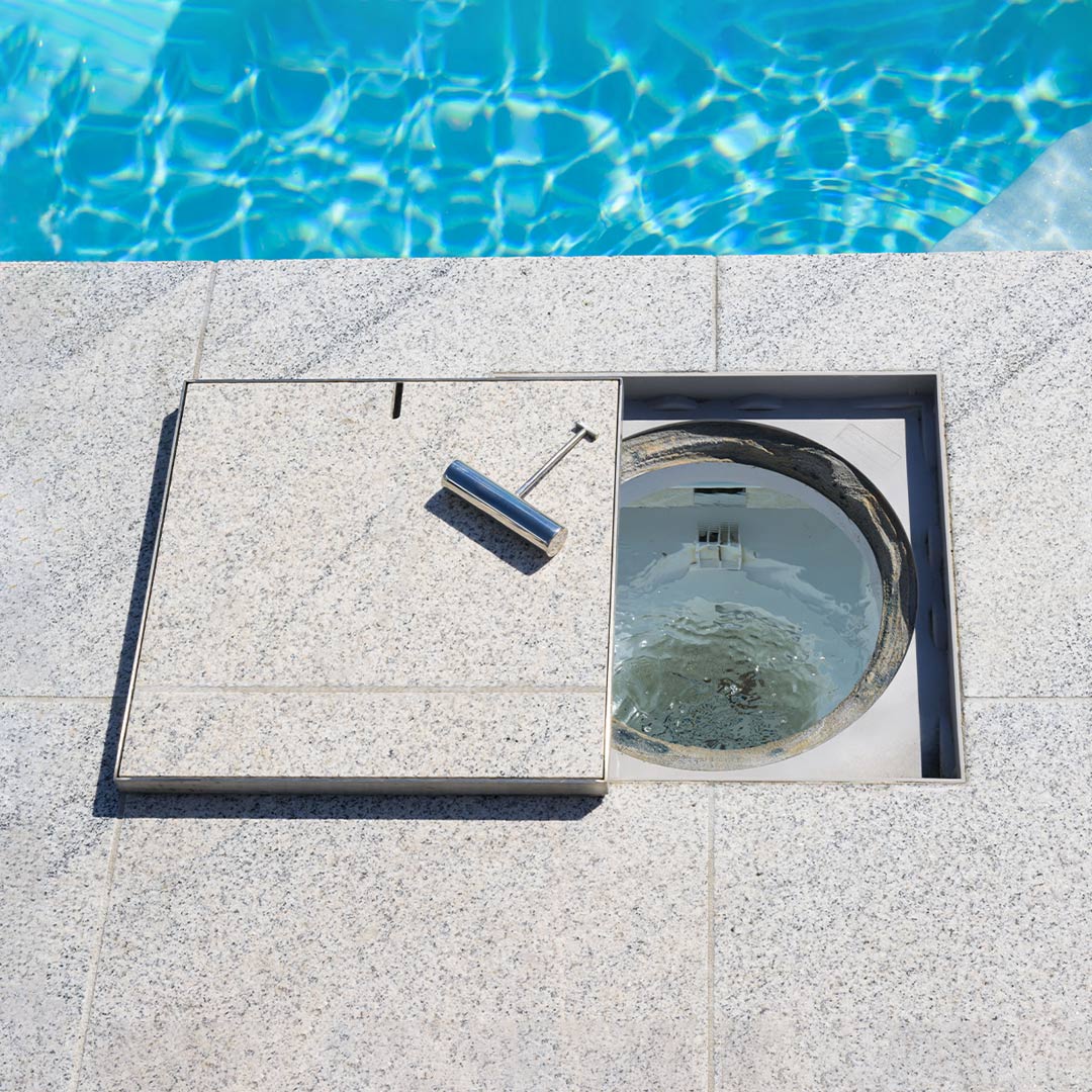 HIDE Ash non conductive Skimmer Lid open to view skimmer box below and HIDE's polymer non conductive frame.