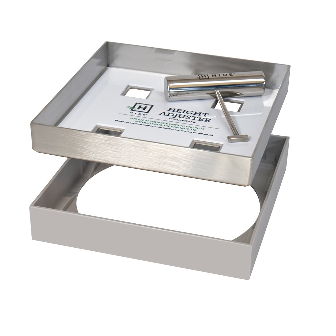 HIDE Ash Combination Polymer Access Cover hardware. Polymer non conductive frame, durable stainless steel lid with height adjuster and HIDE safety key.