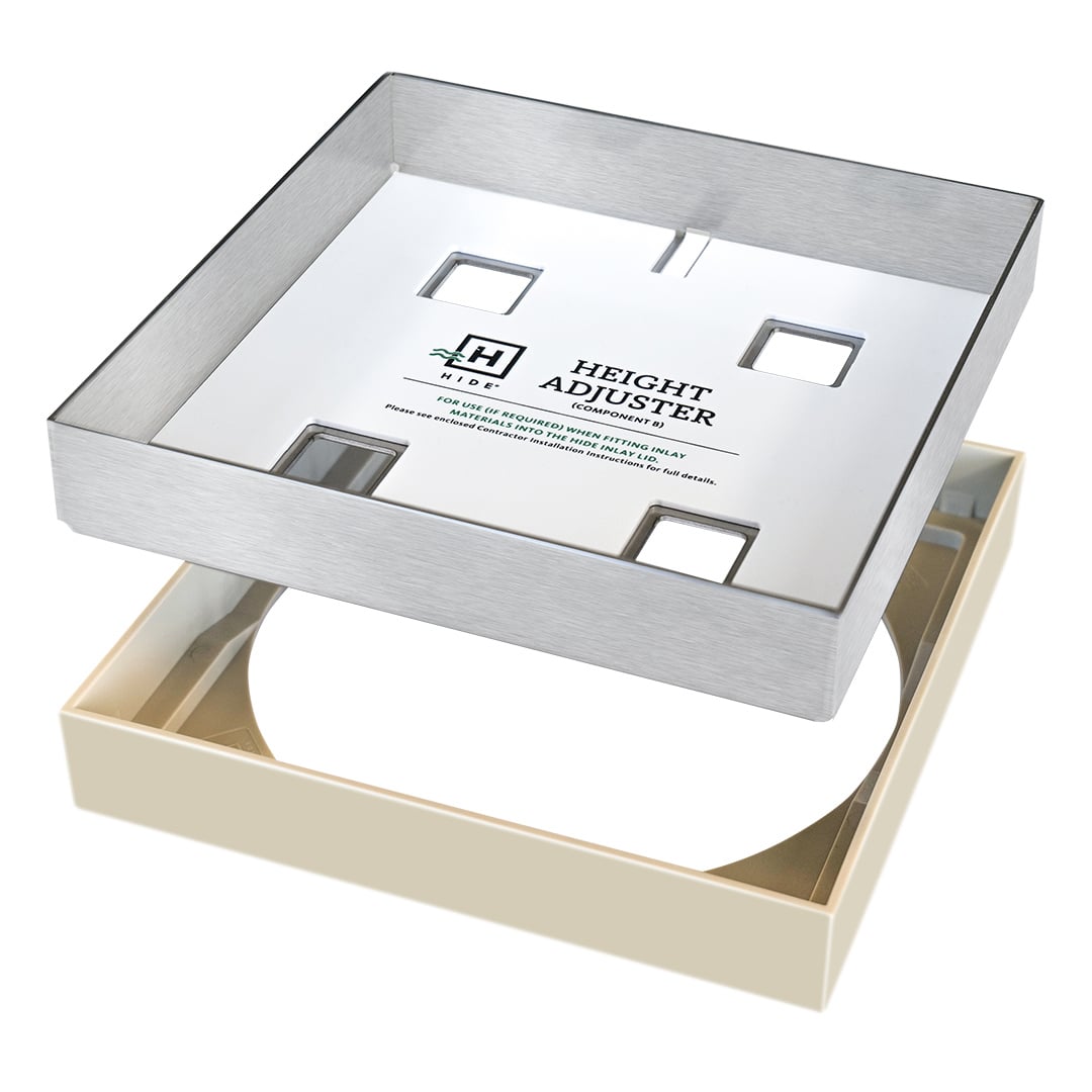 HIDE Bone Combination Polymer Access Cover hardware. Polymer non conductive frame, durable stainless steel lid with height adjuster and HIDE safety key.