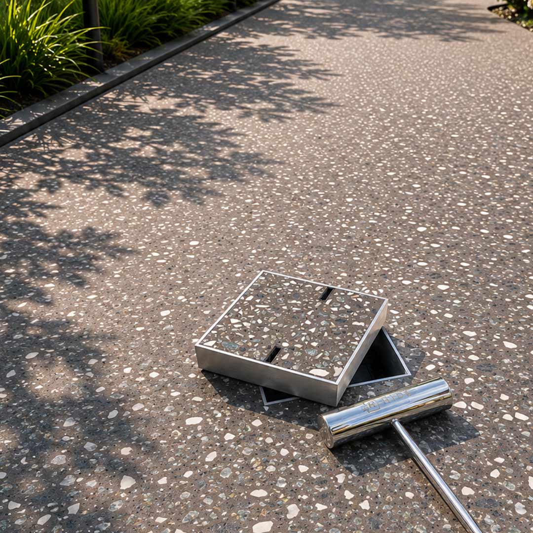 HIDE Concrete Access Cover installed in concrete footpath.